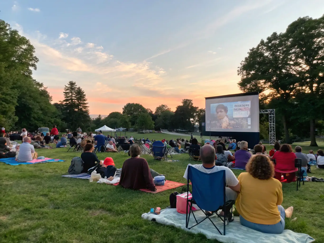 A photo showing children and adults participating in an outdoor cinema event, with a large screen set up in the village square.