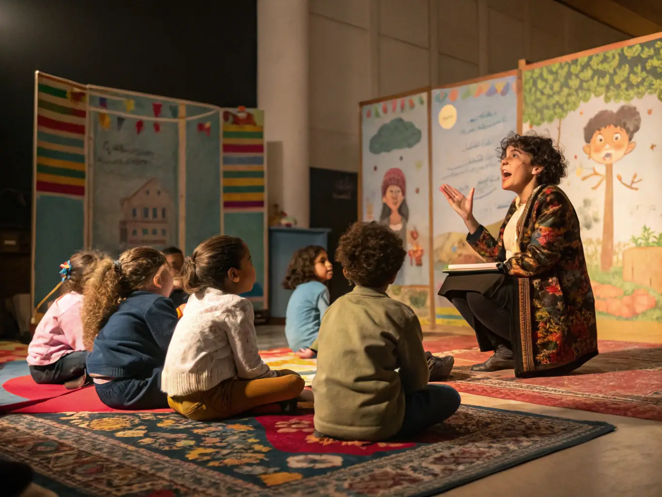 A heartwarming image showing children participating in a storytelling session during a holiday event organized by the COMITE DES FETES DE TOURVILLE EN AUGE.