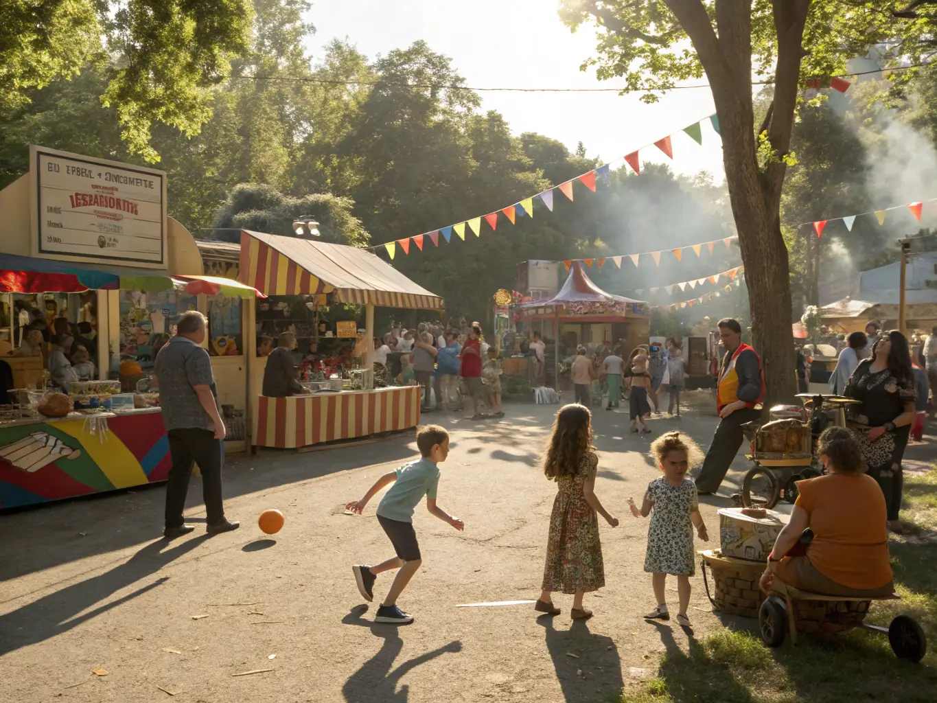 A photograph capturing the excitement of the annual village fair, showcasing game stalls, food vendors, and families enjoying the festivities.